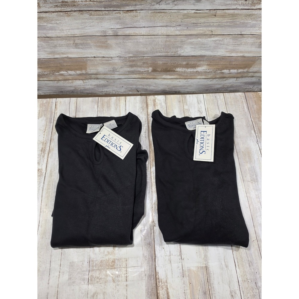 Lot of 2 Basic Editions Plus Black Keyhole Neck Interlock Tee Shirts 1X NWT